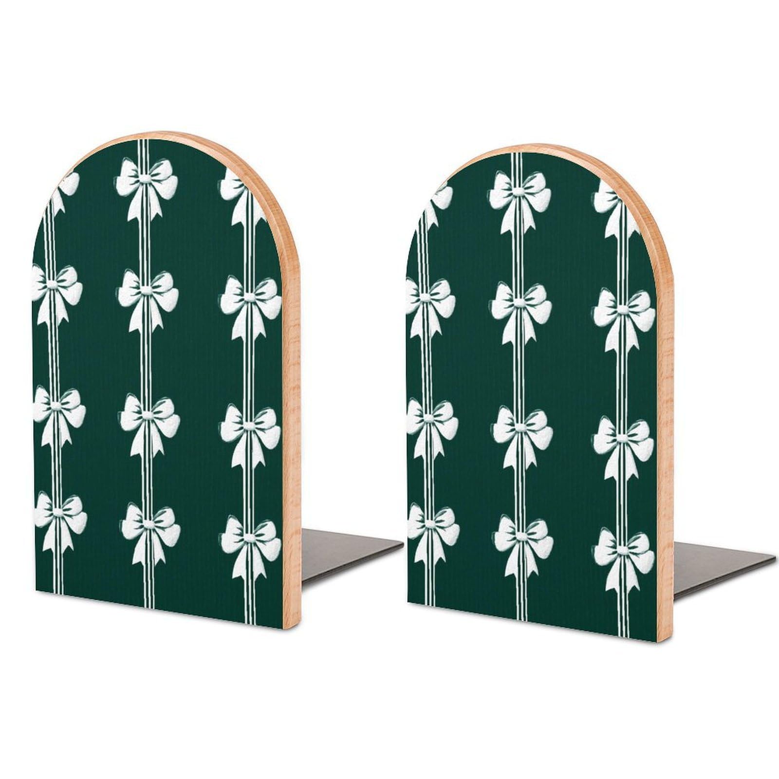 Simple White Bows Vertical Stripes on Dark Green Wooden Bookends Shelves 2 PCS Sturdy Book Holders Desktop Organizer for Home Office Libraries