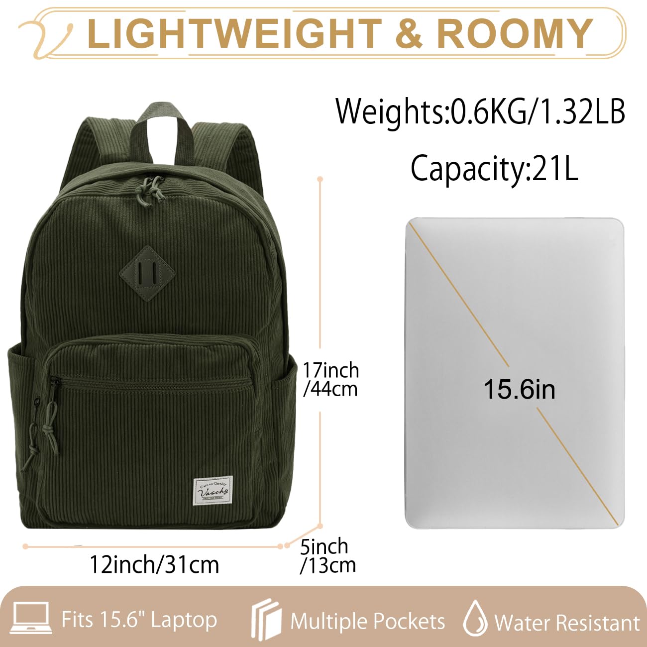 VASCHY Zaino Unisex in Velluto a Coste, Leggero Zaino Scuola Media e Superiore con Tasche Multiple e Scomparto Imbottito per Laptop 15,6 pollici Verde Scuro