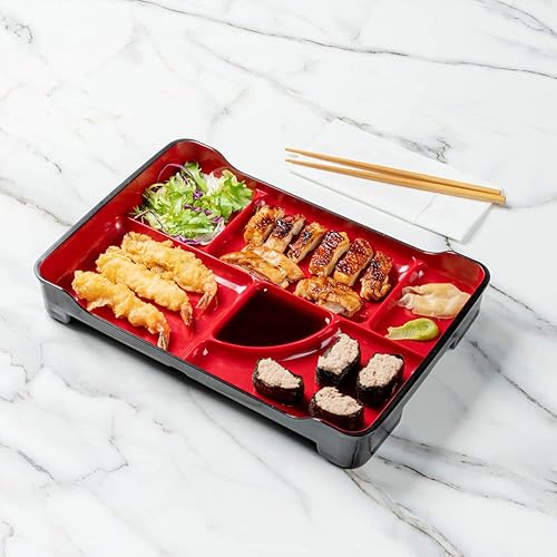 Miniatura 4 de Bento Tek - Plato Bento estilo japonés negro y rojo 5 compartimentos 14 x 9 x 2 pulgadas 1 caja