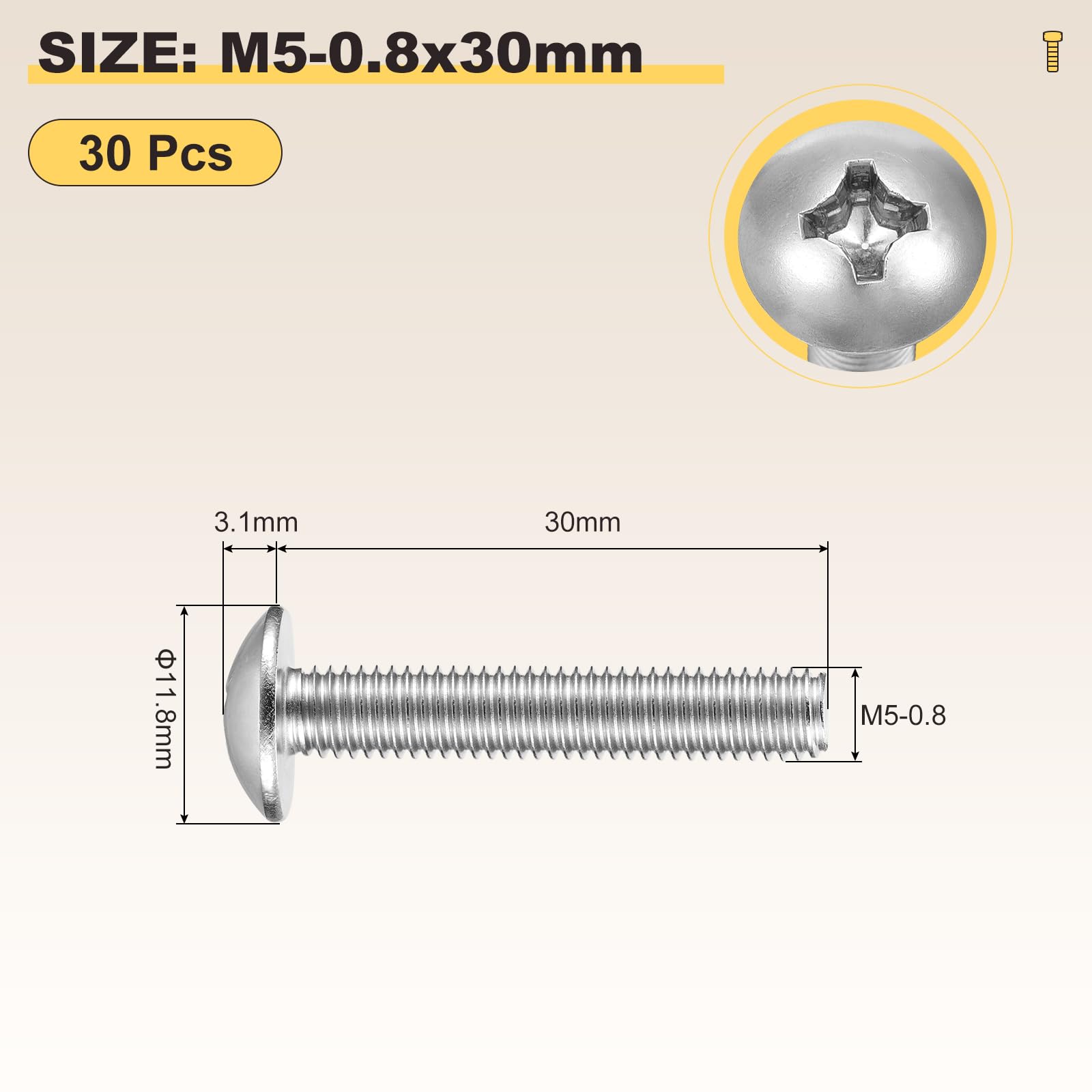METALLIXITY Machine Screws Phillips Head(M5-0.8x30) 30Pcs, 304 Stainless Steel Round Head Phillips Drive Furniture Bolts - Image 2