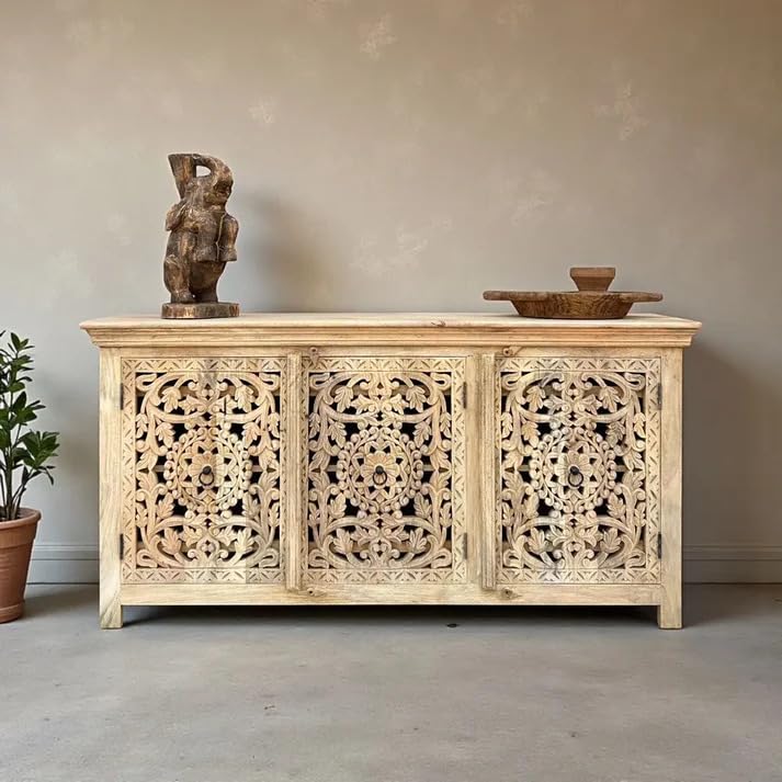 Mango Wood Sideboard Cabinet with 3 Door Storage | Hand-Carved Floral Design Wooden Kitchen Cabinet Crockery Unit for Dining Room Living Room & Home Storage Furniture (Natural Finish)-image-41