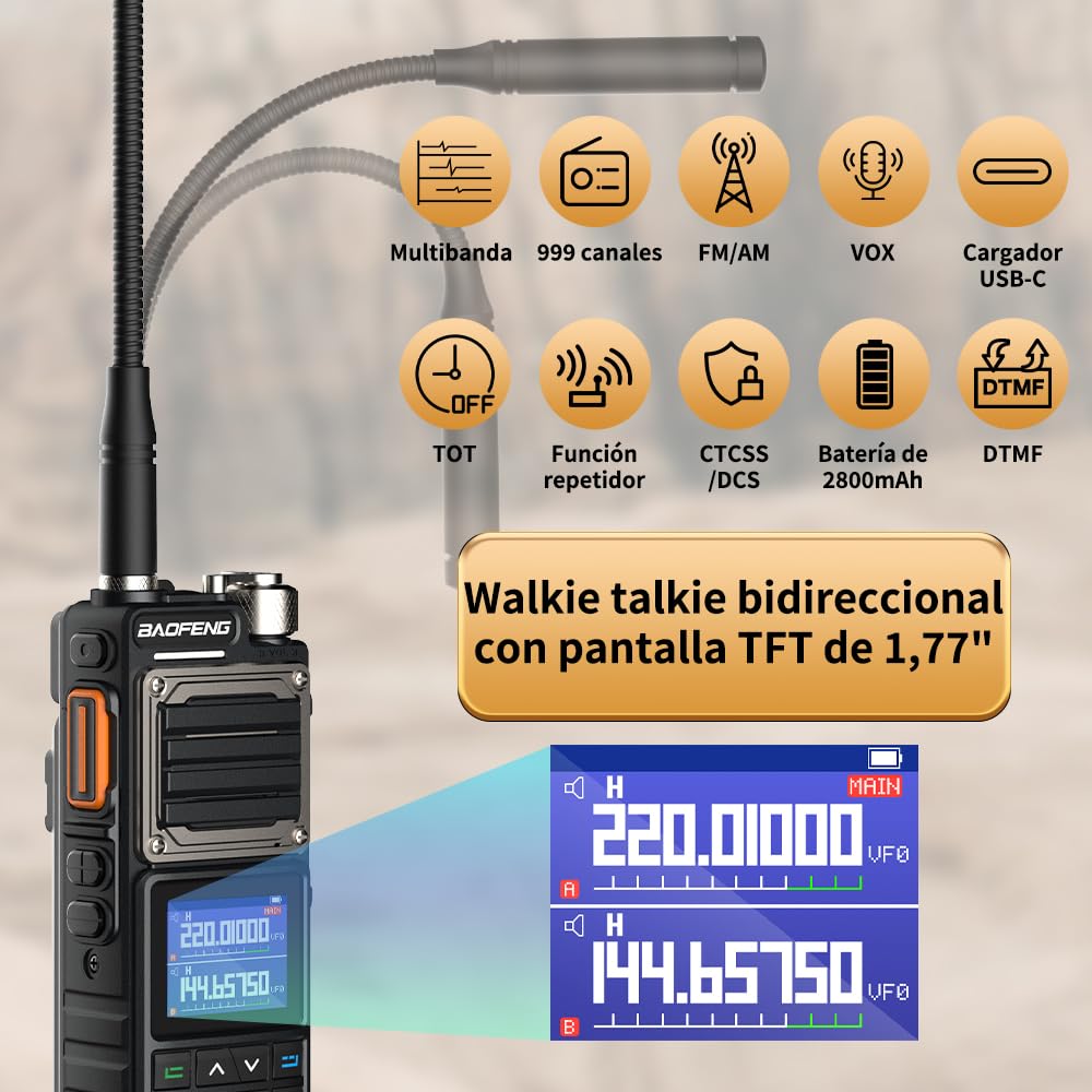 BAOFENG Walkie Talkie Doble Banda UHF/VHF Radioaficionado Largo Alcance hasta 11W con batería de 5200mAh 999 Canales CTCSS/DCS Radio FM VOX DTMF Walkie Talkie para Adultos - UV25M