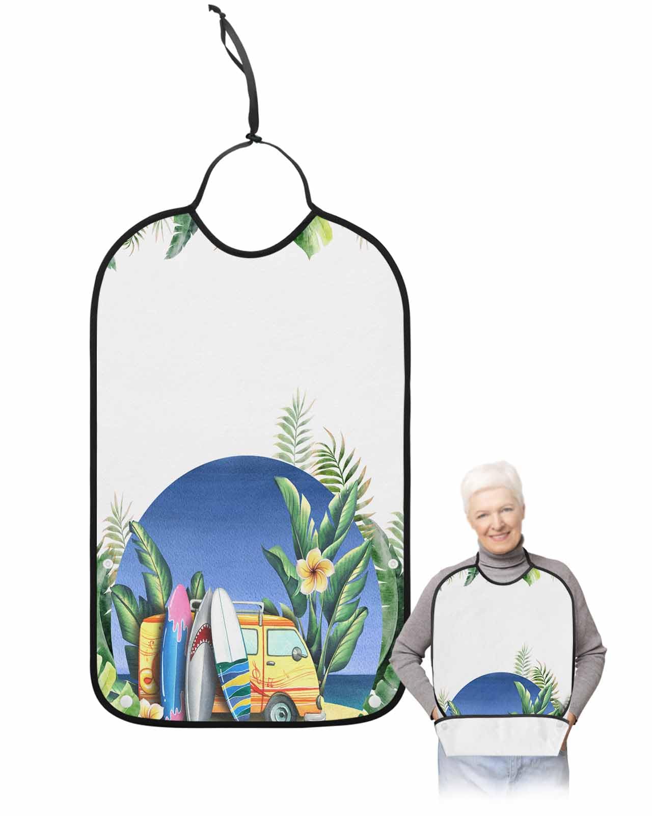 LEOKOTI Camper Coastal Surfing Adult Bibs for Eating, Waterproof Bibs with Food Catcher & Adjustable Snap Closure, Summer Beach Palm Leaf Tropical Washable Clothing Protectors Adult Bibs for Elderly