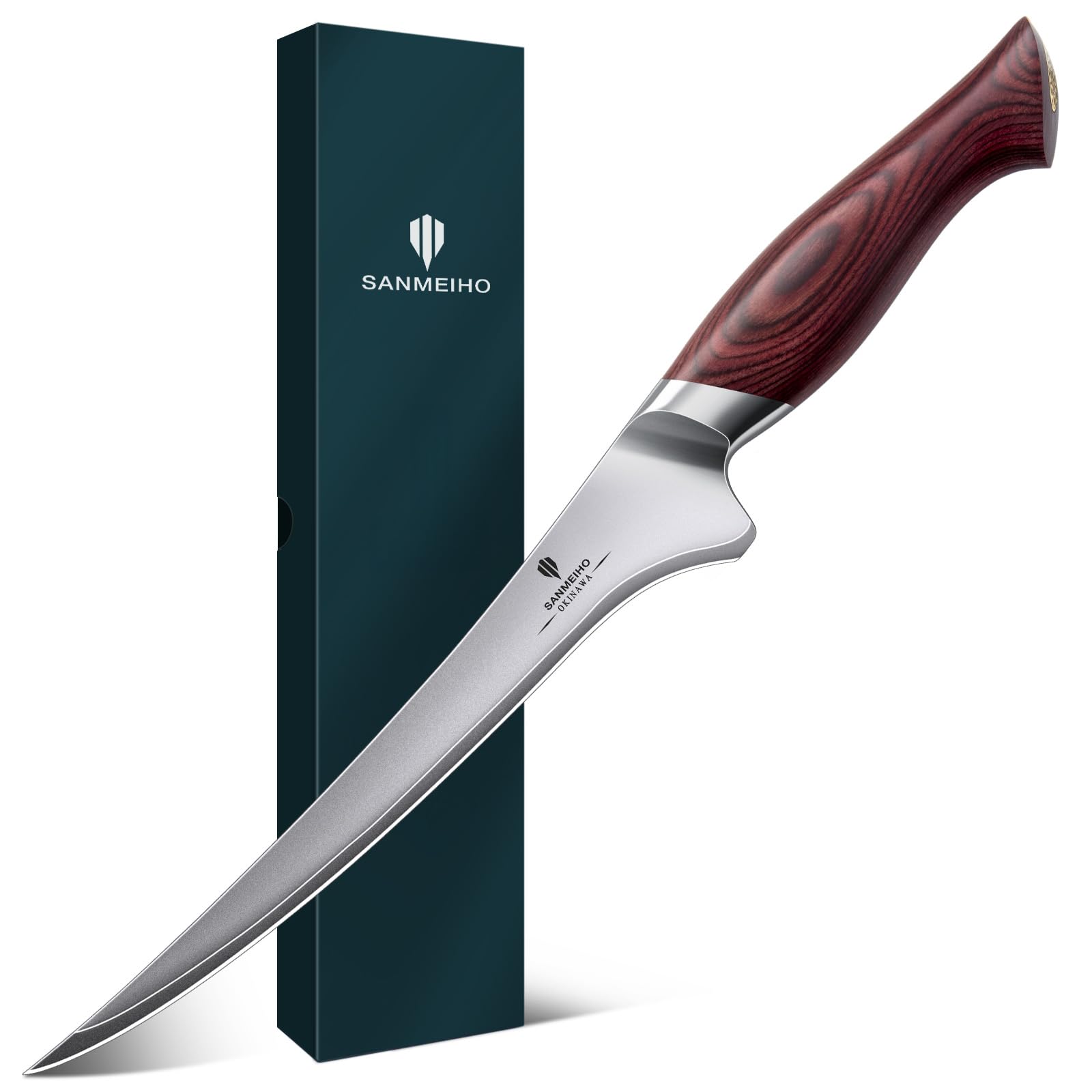SANMEIHO Filetiermesser 18 cm, Scharfes Ausbeinmesser für Fleisch, Japanischem 10Cr15Mov-Superhartstahl, Profi Küchen-Fischmesser mit Flexibler Klinge und Ergonomischem Pakkaholzgriff- OKINAWA Series