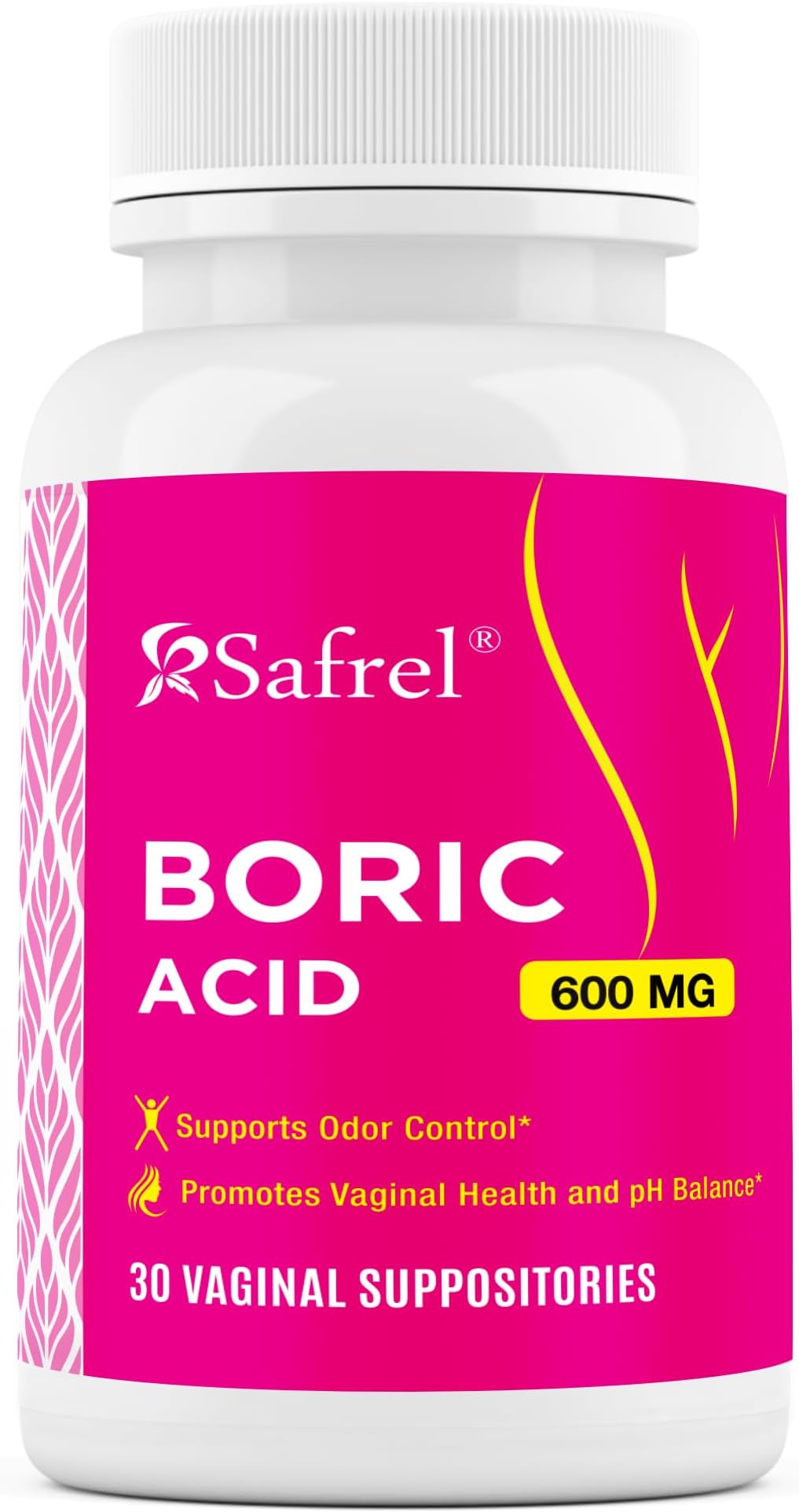 Safrel Boric Acid Vaginal Suppositories - 100% Pure Made in USA - Intimate Health Support, Vaginal Health and pH, Odor Control (30 Count)