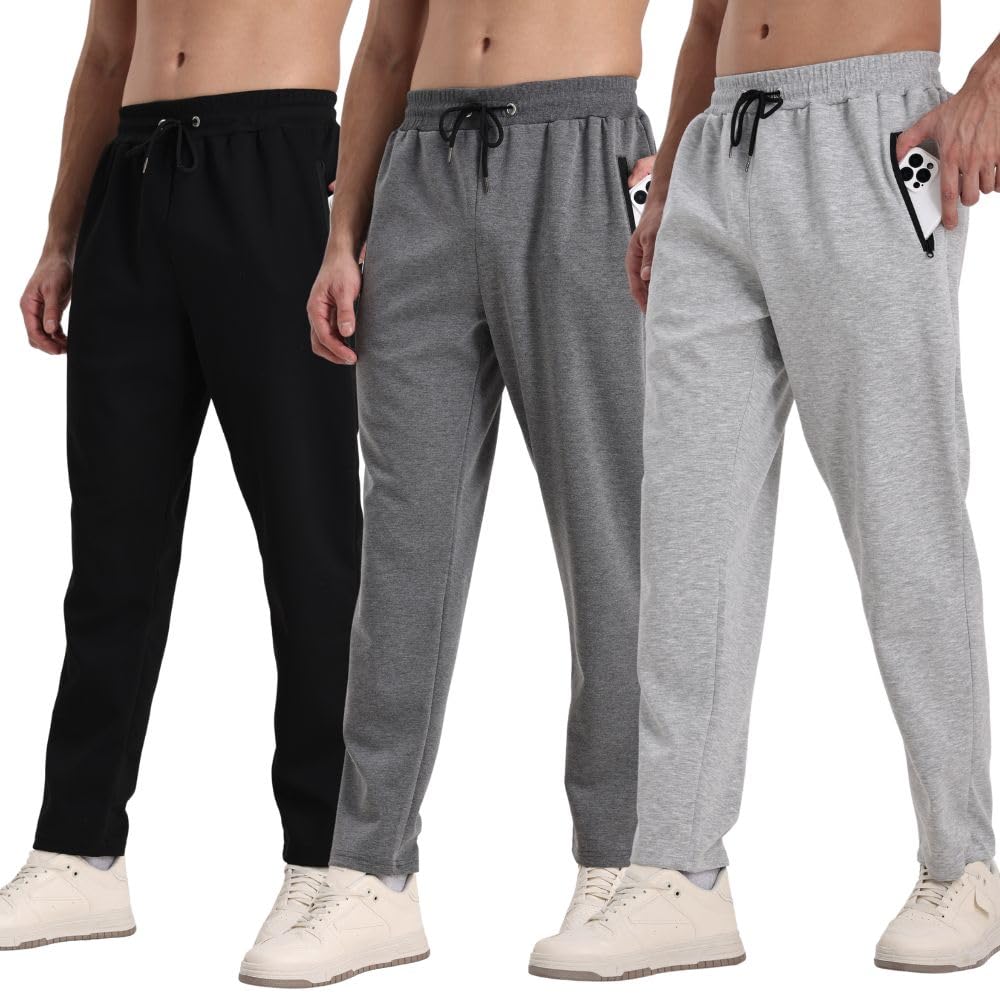 Pantaloni da jogging da uomo, confezione da 3, da jogging, da uomo, sportivi, con cerniera, traspiranti e flessibili