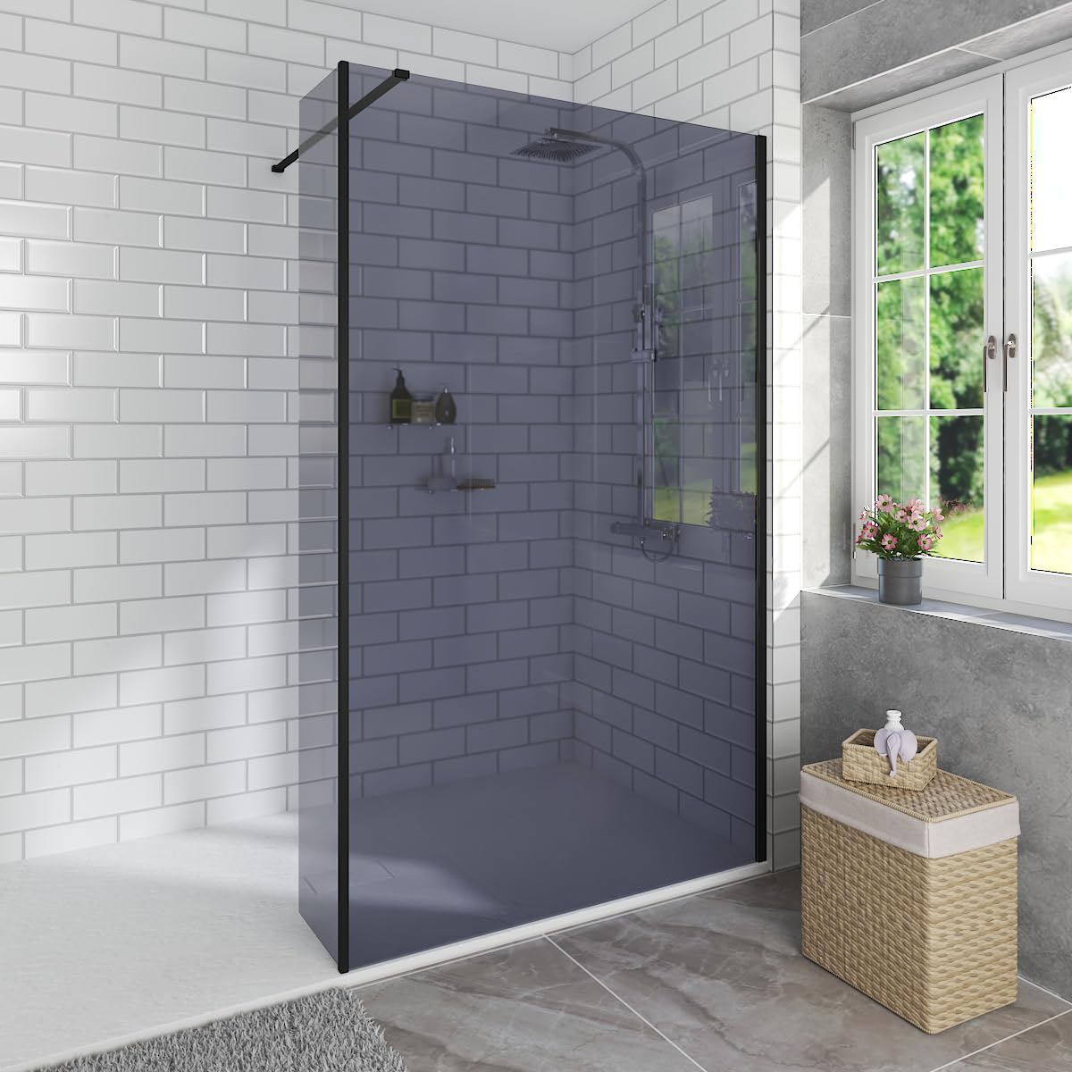Aquariss 1000mm Wet Room Black 8mm Grey Self Clean Shower Screen Panel Walk in Shower Enclosure with 300mm Flipper Panel
