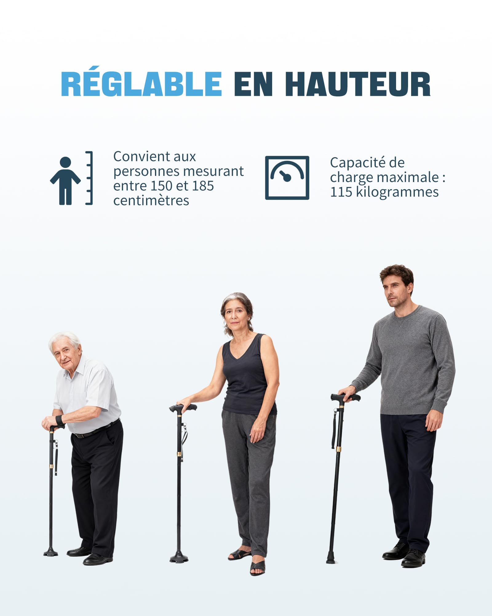 Sinocare Canne de Marche Pliable, Canne Légère et Portable avec | Base Pivotante 360° Poignée en T, Résistant 115kg, Réglable 85-95cm LED pour Adultes et Seniors