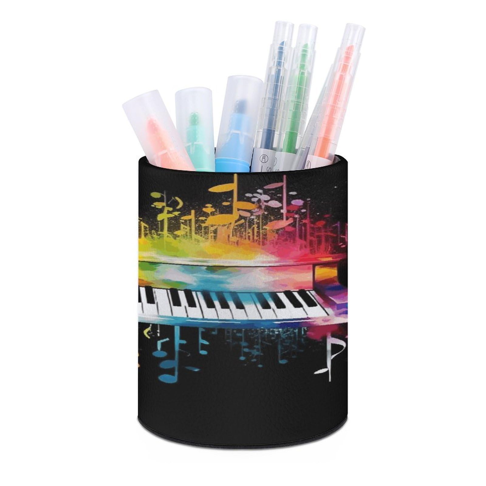 JTREHY - Colored Pencil Holder Piano Keyboard Note Holder Round Makeup Brush Holder PU Leather Cups Stationery Organizer Office Accessories Box