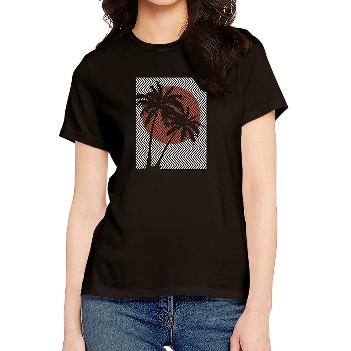 OPLUWomen's Regular Fit Palm Beach Abstract Cotton Graphic Printed Round Neck Half Sleeves Trending, Pootlu, College, College N Tees and Tshirts.(Pooplu_Black_Medium)