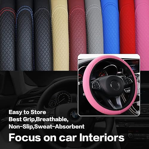 Miniatura 3 de VARGTR Funda de cuero para volante de automóvil, ajuste universal de 15 pulgadas, transpirable, antideslizante, protector elástico para volante,