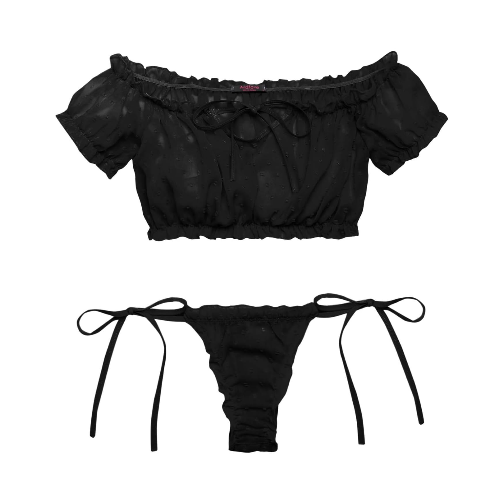 WBDWWTD Damskie seksowne biustonosze i majtki w kropki komplety bielizny Babydoll Strappy przezroczyste wykończone frędzlami bielizna z uroczą kokardką G String