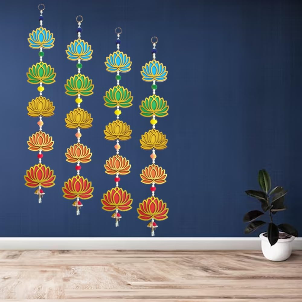 5 Tier Set of 4 Strings Multicolor Lotus Wall Hanging Gift Decorative Showpiece for Diwali Ganesh Chaturthi Pooja Home Door Decor Temple Marriage Wedding Stage Decoration (30 Inch Length)