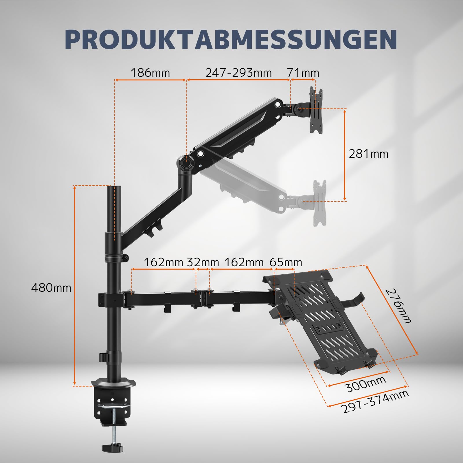 PUTORSEN Monitor Halterung mit Laptop Arm für 17-35 Zoll | Traglast 12 kg, VESA 75/100. Laptop-Arm bis 17" (5 kg). Montage per Klemme/Grommet. 5 Jahre Garantie