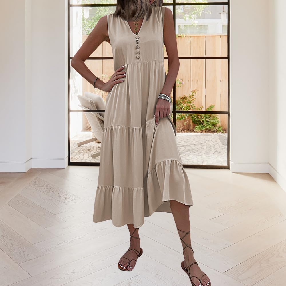 Womens Summer Button V-Neck Sleeveless Dress Vocation Flowy Beach Long Dress Solid Casual Midi Dress - Image 2