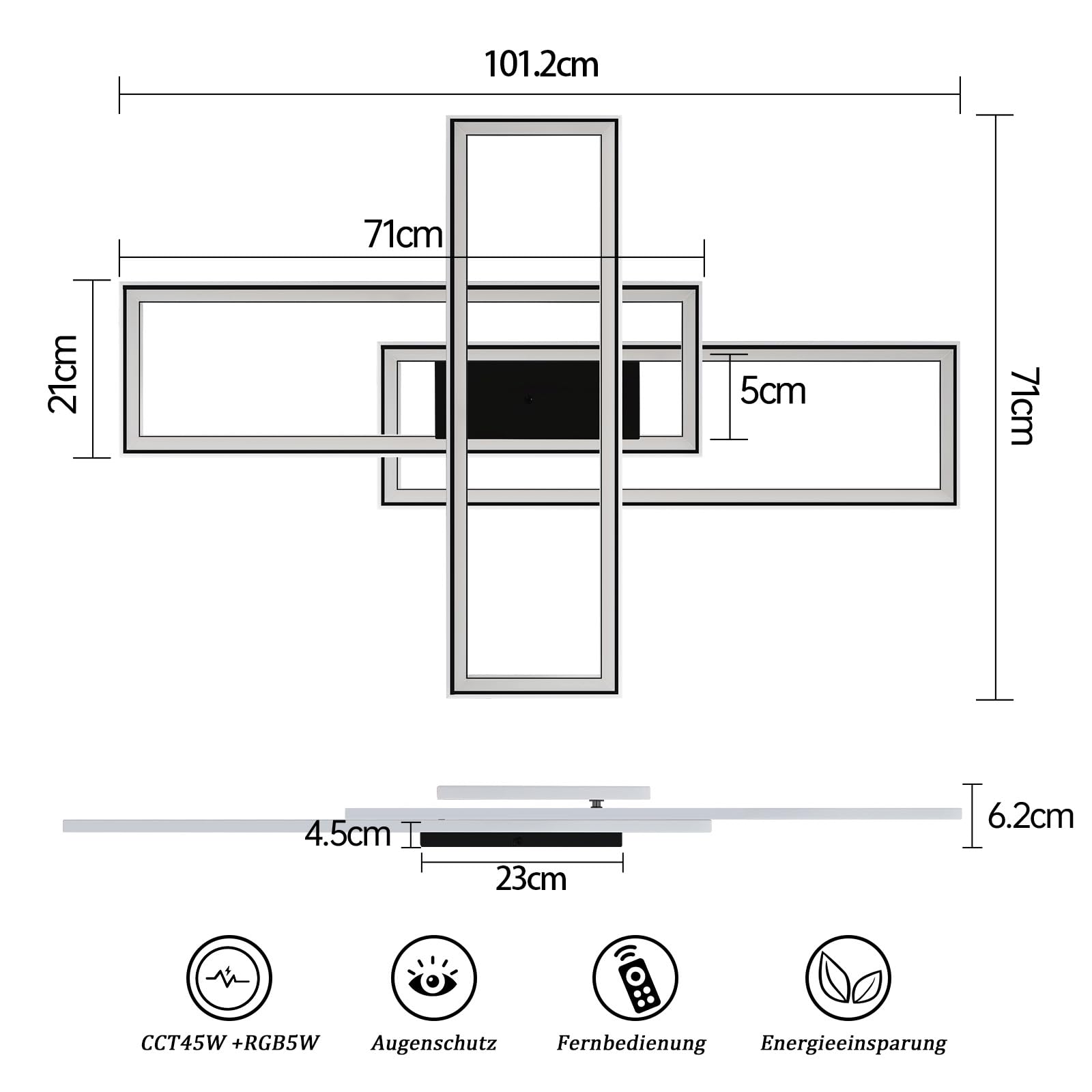 Homefire Deckenleuchte LED Deckenlampe Wohnzimmer 50W Schwarz Dimmbar RGB