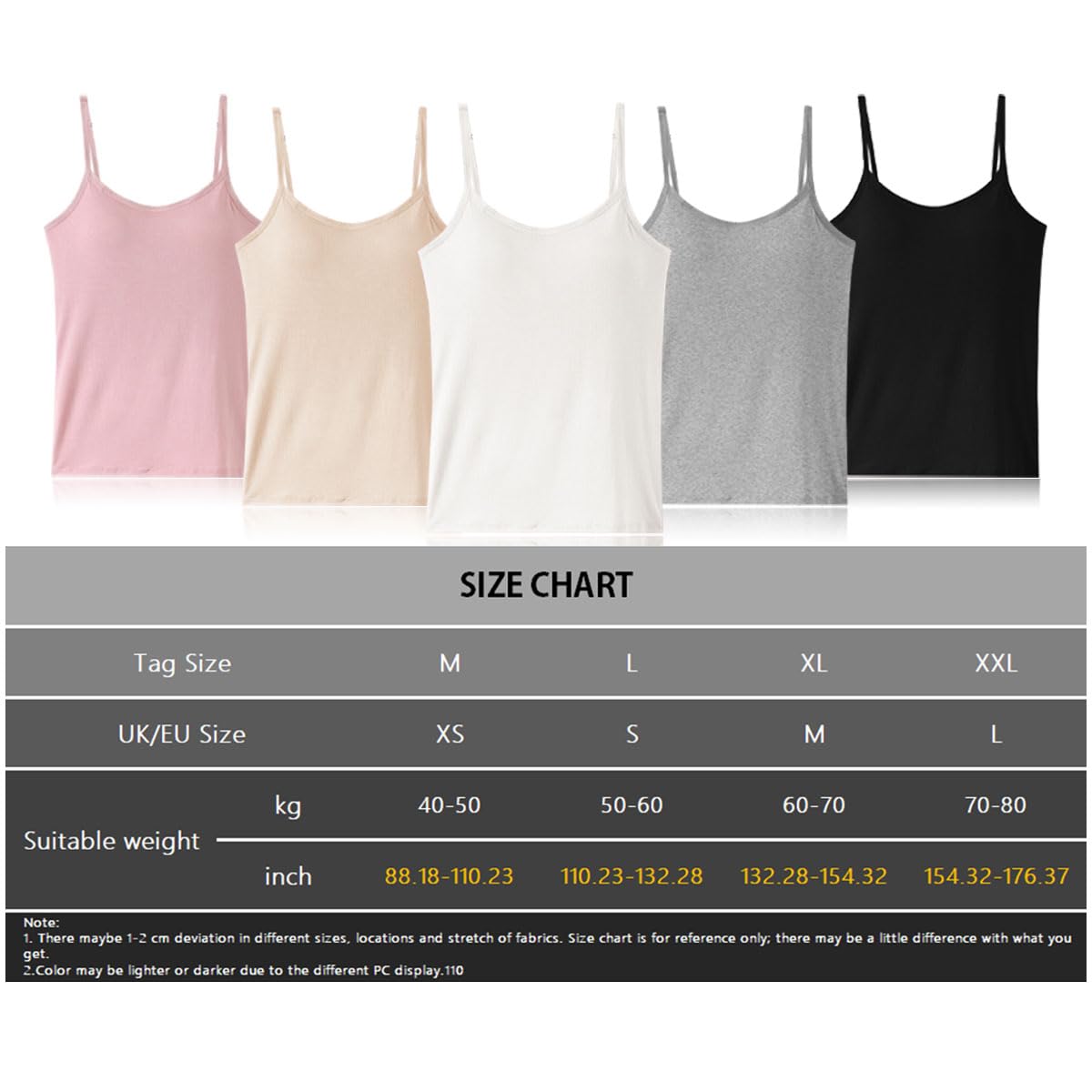 Lot de 5 Camisole Femme Débardeur avec Soutien-Gorge Intégré Caraco Débardeur à Bretelles Spaghetti Réglables Gilet Rembourré Camisole Top T-Shirt sans Manches pour Femme et Fille