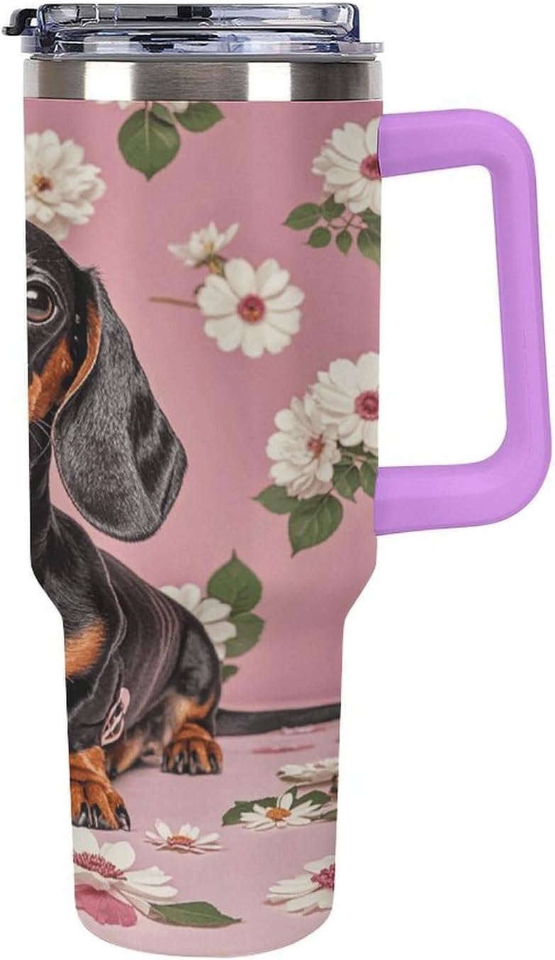 Dachshund Florals Travel Coffee Mug Reusable Durable Stainless Steel Insulated Tumbler with Handle And Straw Leak Resistant Portable Thermal Cup Gifts for Men Women 40 Oz