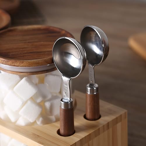 Miniatura 4 de KKC HOME ACCENTS Juego de recipientes de café de azúcar sellados al vacío con cuchara para encimera, tarros sellados de vidrio con tapas de madera