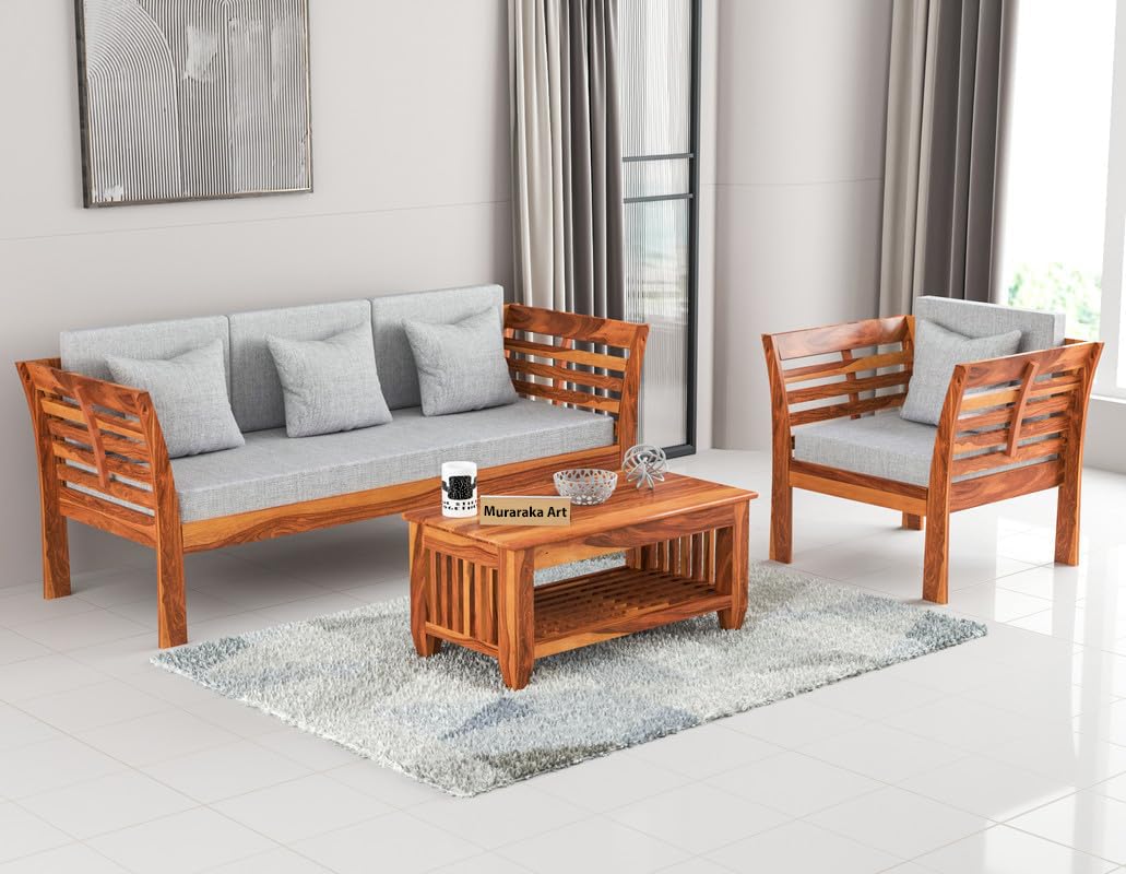 MURARAKA ART Solid Sheesham Wood Sofa Set Wooden 4 Seater Sofa Set (3+1) with Cushions Without Small Pillows Home and Office Furniture Wooden Sofa Set for Living Room (Honey Finish), Brown