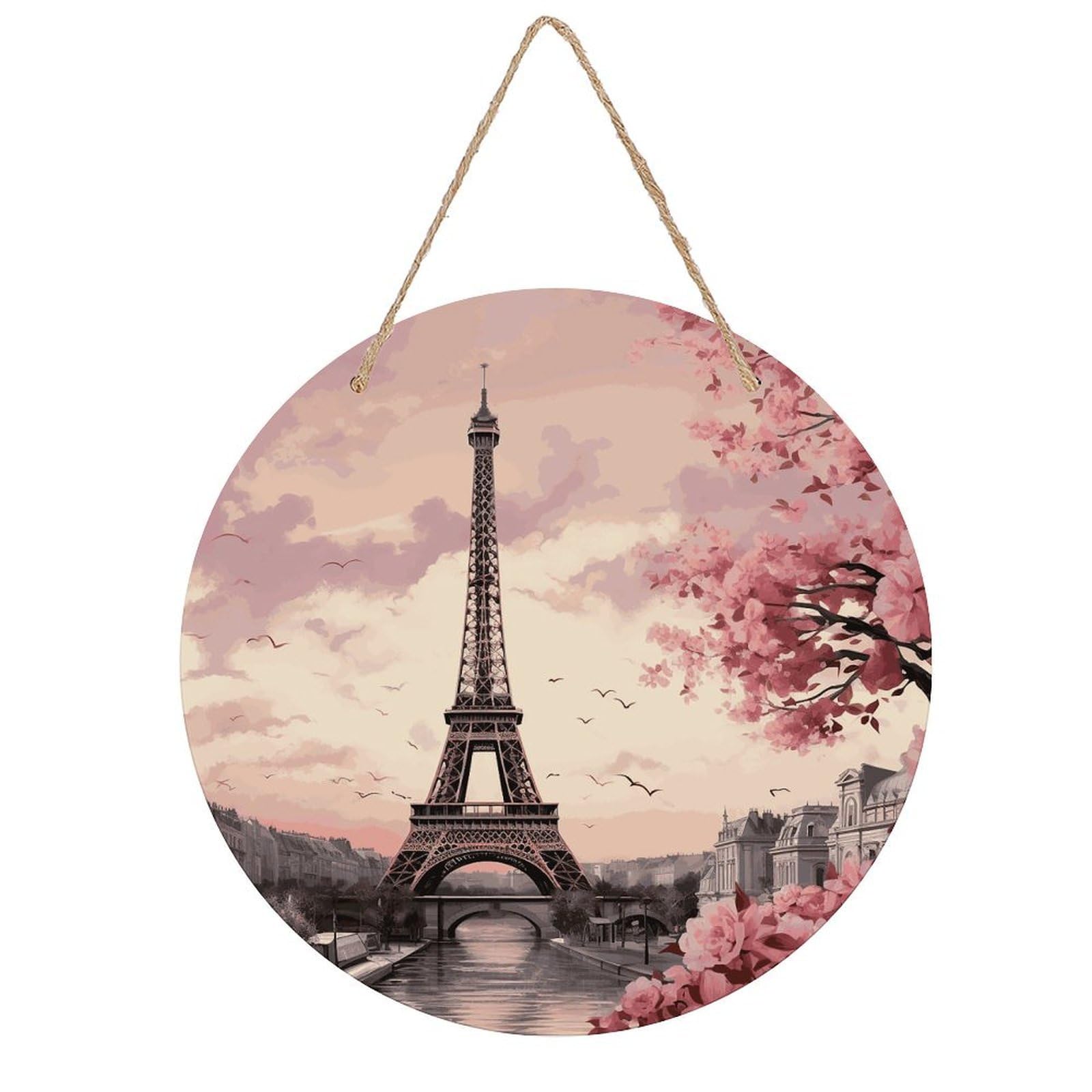 Romantic Paris Tower Round Wooden Ornaments Unique Wood Decorative Paintings for Christmas Retro-Style Wooden Door Hanger for Crafts Home Holiday Decor Bar 7.87 Inch