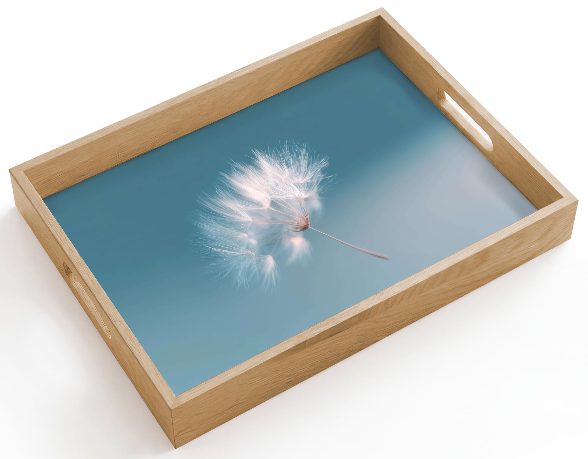 OnlyWow© Wooden Tray Rectangular 40x30 cm Serving Platter Decorative Breakfast Drinks Scratch Resistent Dinner Coffee Tea Handles Non Slip Dandelion Fluff - Blue - Air