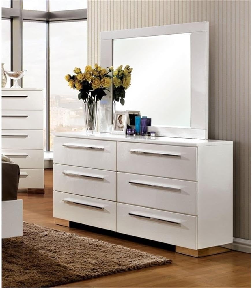 BOWERY HILL Contemporary 6-Drawer Dresser and Mirror, Glossy White Finish, Solid Wood and Veneer, Chrome Handles, Felt-Lined Top Drawers, Beveled Mirror, Modern Bedroom Storage Furniture Set