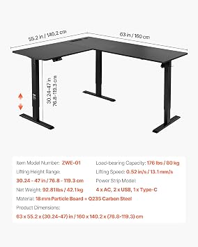 VEVOR L Shaped Standing Desk with Wheels, 63 x 55 inch 3-Level Height Adjustable Electric Corner Standing Desk with Power Outlet, Heavy Duty Carbon Steel Sit Stand Computer Table, Easy to Assemble