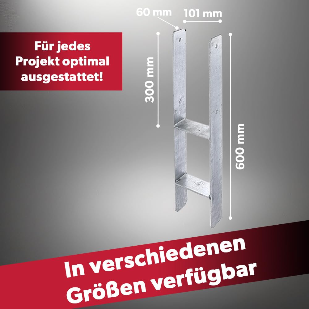 siwitec H-Pfostenträger 116 x 6 x 800 mm verzinkt, Pfostenanker, H-Anker, schwerer Betonanker für Pfosten, CE geprüft, Pfostenträger zum Einbetonieren, Pfostenschuh, Pfostenhalter, H Pfostenträger