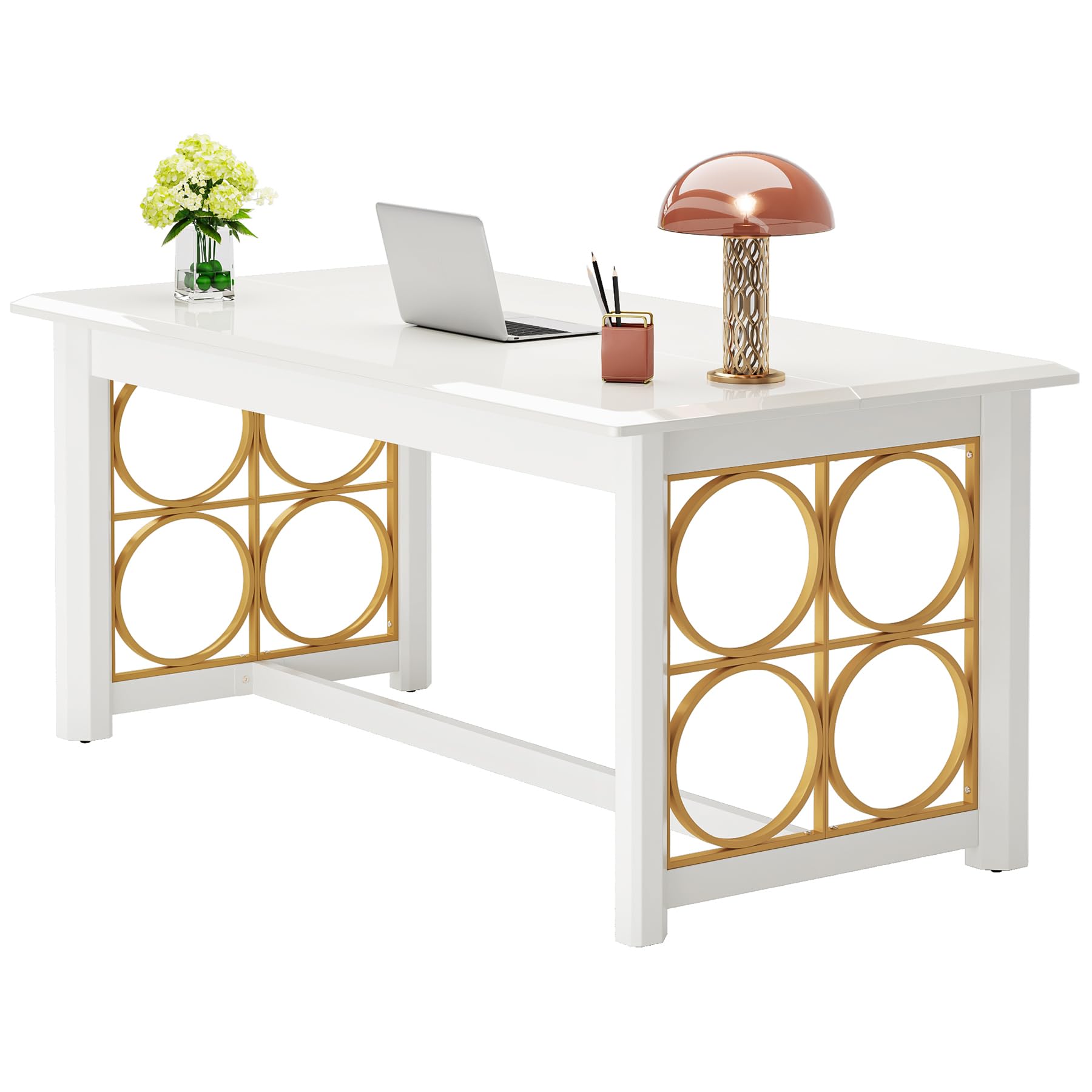 Photo 1 of (NON-REFUNDABLE) 63-inch White Executive Desk, Modern Office Desk with Stable Gold Metal Legs, Large Office Computer Desk, Home Office Business Furniture, Glossy White