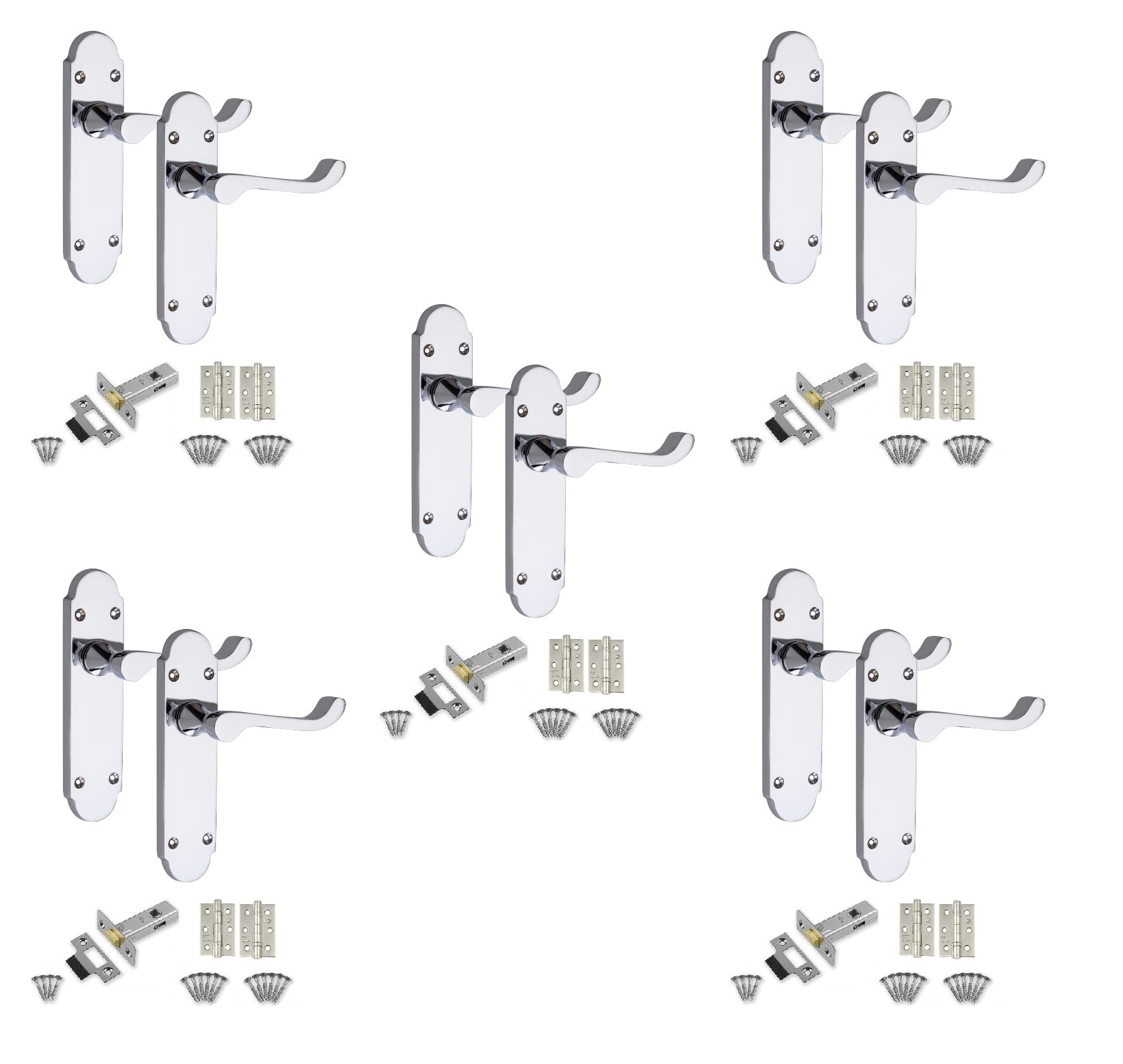 Golden Grace Victorian Epsom Design Scroll Door Handles Latch in Polished Chrome with 1 Pair of 3" Ball Bearing Hinges & Latches Pack, 5 Sets - 168mm x 40mm Backplate