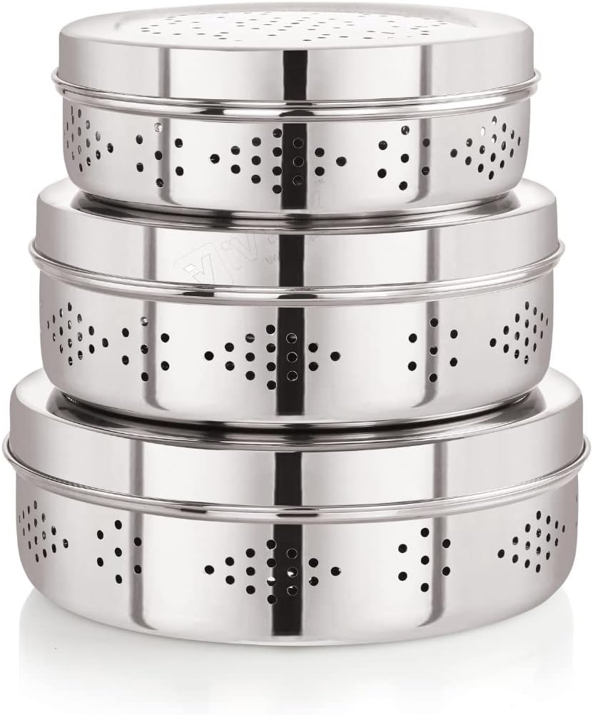 ivbox® BIG-3Pcs Stainless Steel Hole Container Dabba Storage Box with Air Ventilation Keeps Food Fresh - Puri, Coriander, Chilly, Vegetable and Fruits, Silver