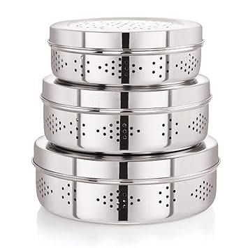 ivbox BIG-3Pcs Stainless Steel Hole Container Dabba Storage Box with Air Ventilation Keeps Food Fresh - Puri, Coriander, Chilly, Vegetable and Fruits, Silver