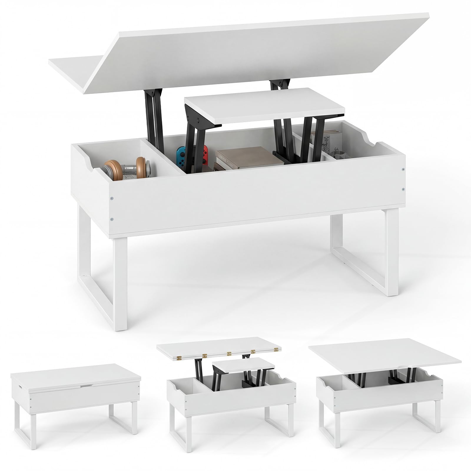 COSTWAY Mesa de Centro Elevable 3 en 1, Mesa Central Convertible con 3 Compartimentos Ocultos, Mueble de Comedor, Mesas de Cóctel de Madera para Salon, Oficina, 100 x 50 cm (Blanco)