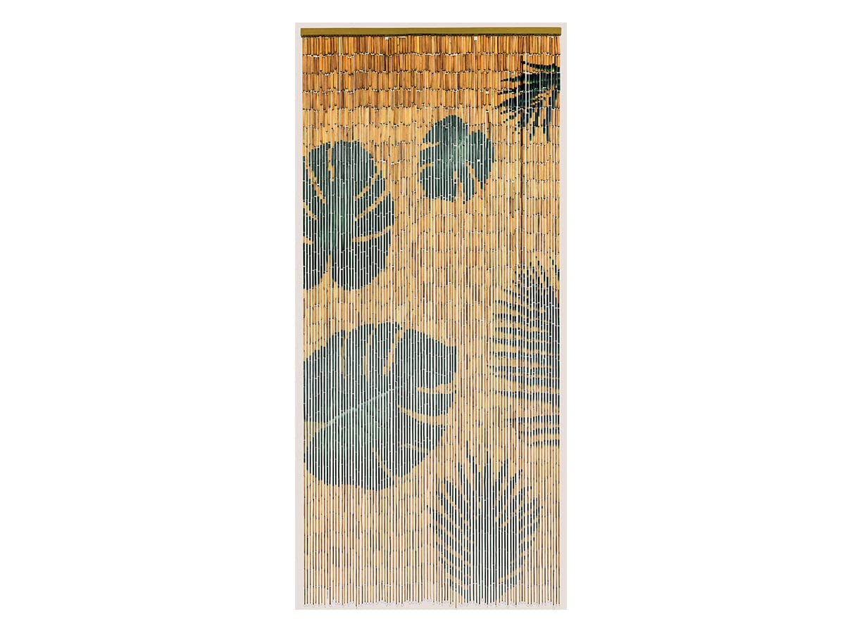 MOREL Rideau de Porte Bâtonnets de Bambou Peints, Dessin Feuilles Monstera et Palmier - 90 x 200 cm