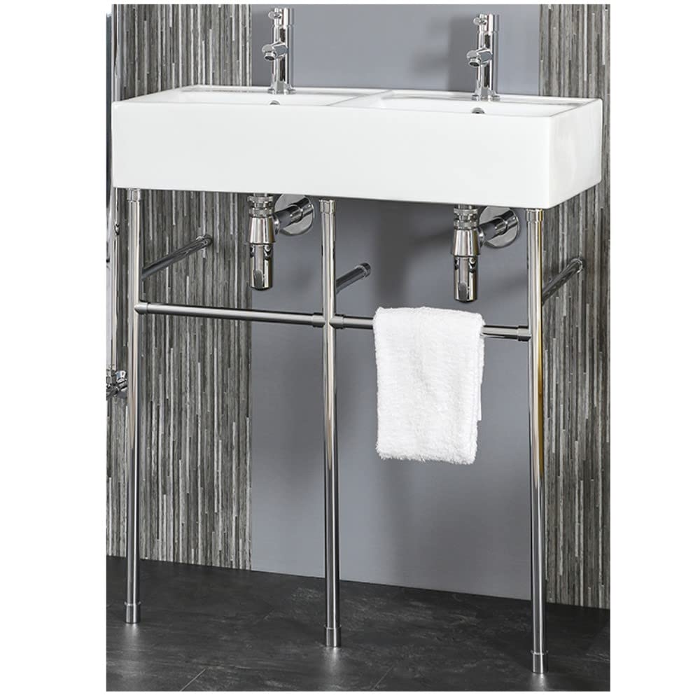 Milano Dalton White Ceramic 2 Tap Hole Double Bathroom Basin Sink Chrome Washstand - 820mm x 420mm