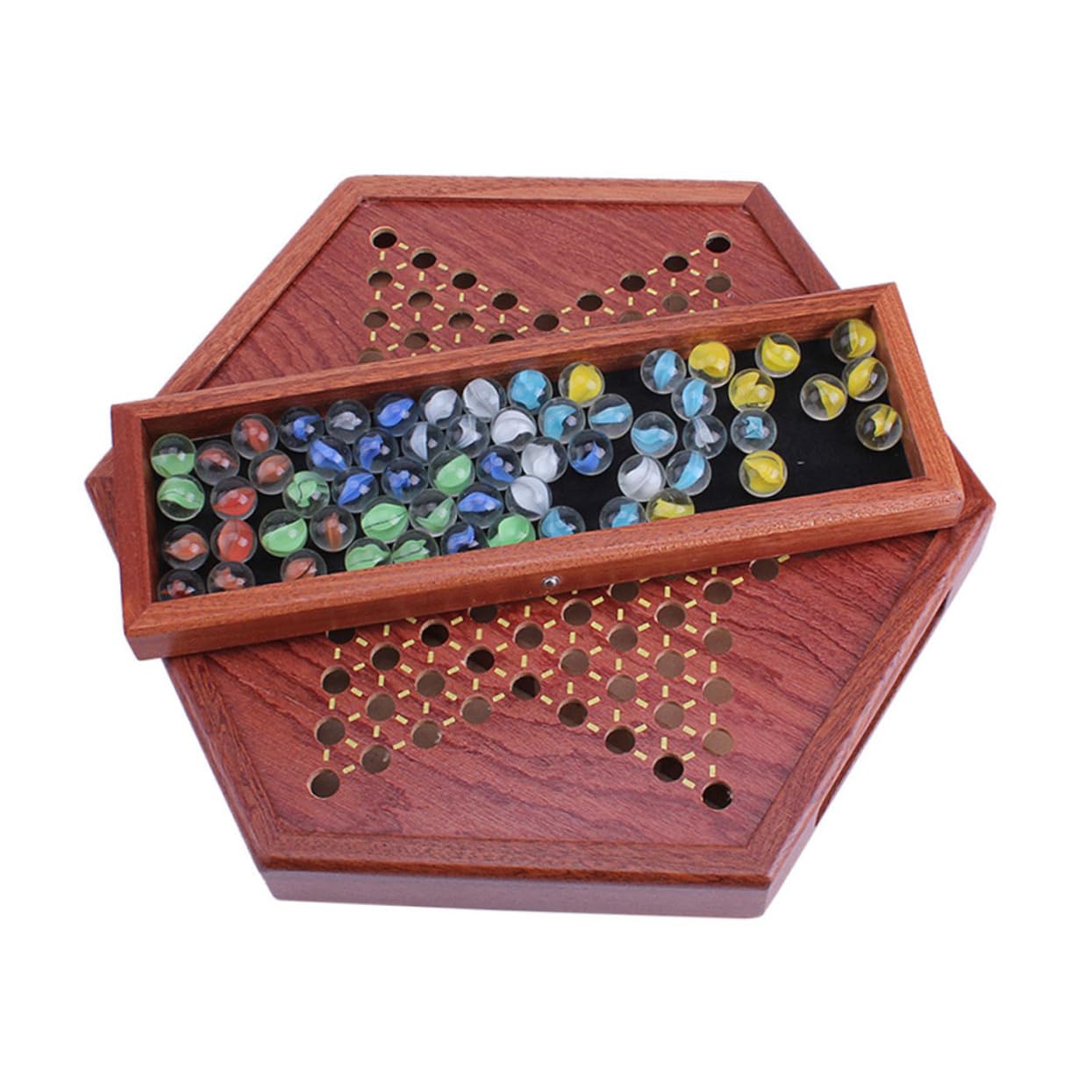 Gioco di Biglie Chinese Checkers Esagonale in Legno | Tradizionale per Ragazzo Ragazza e Adulti, Cassetto Integrato, Tavola Marrone per Intrattenimento Familiare