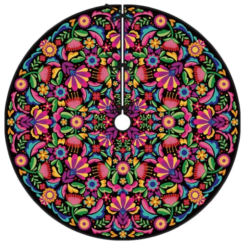 Mexican Christmas Tree Skirt 48 Inch Feliz Navidad Tree Collar Mexico Dahlia Tree Decor Mexican New Year Xmas Decor Christmas Decorations for Home Party