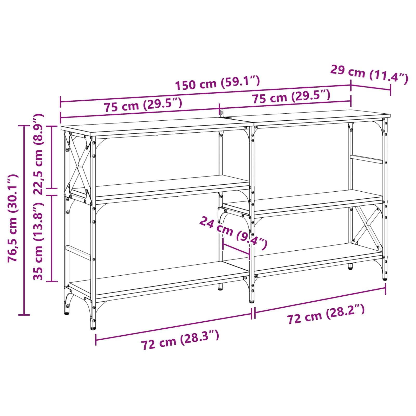 Tavolo consolle in legno anticato, 150 x 29 x 76,5 cm, con 3 ripiani, telaio in metallo, tavolino da tè per soggiorno, corridoio, ufficio, spazio per riporre oggetti