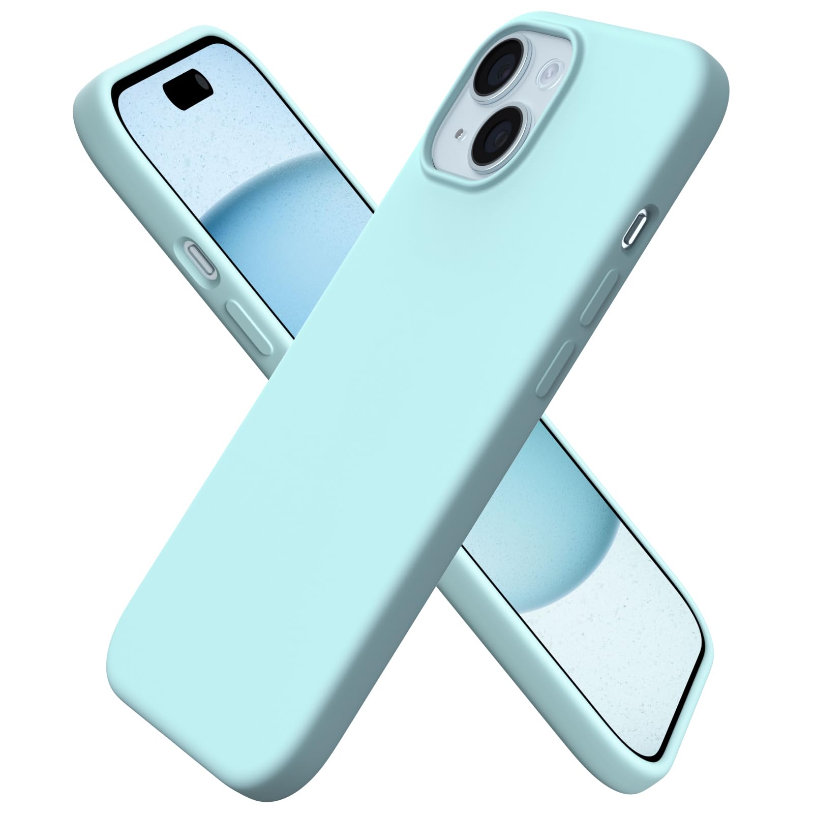 ORNARTO Compatible with iPhone 15 Plus Case 6.7", Slim Liquid Silicone 3 Layers Full Covered Soft Gel Rubber Cover Protective Phone Case with Anti-Scratch Microfiber Lining-Aqua Blue