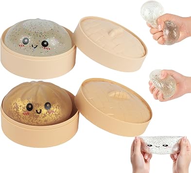 Squishy Glitter Dumpling Set - 2 PCS Bao Bun Squishys with Steamer Box, Squishy Dumpling Toy, Squeezing Fidget Toys, Portable Stress Relief Squeezing Toy for Anxiety Stress Relief Gold+Transparent