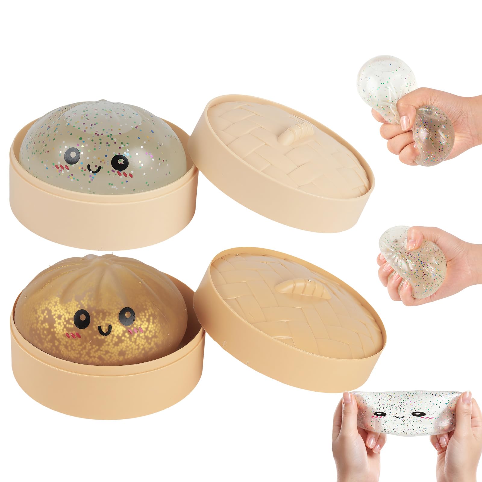 Squishy Glitter Dumpling Set - 2 PCS Bao Bun Squishys with Steamer Box, Squishy Dumpling Toy, Squeezing Fidget Toys, Portable Stress Relief Squeezing Toy for Anxiety Stress Relief (Gold+Transparent）