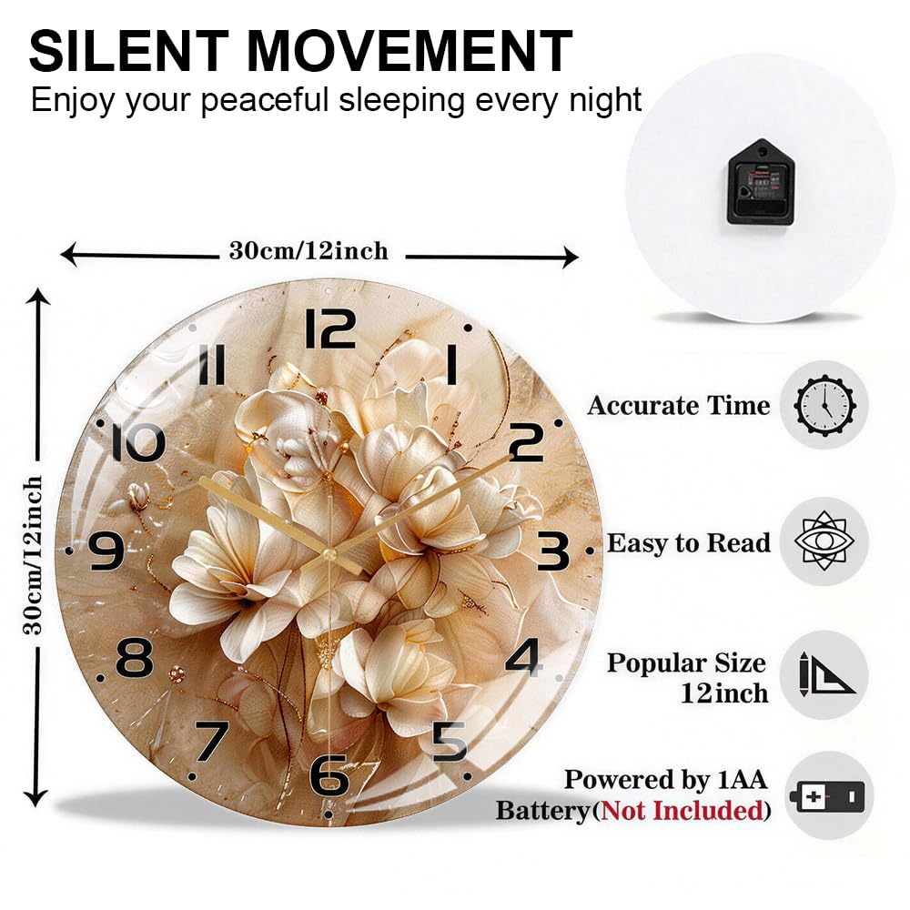 Condition photo showing New/Like New for 12 inch white floral glass wall clock silent non ticking decor | silent tempered glass clock keeps perfect time, elevating your home or office decor with durable and elegant wall art.