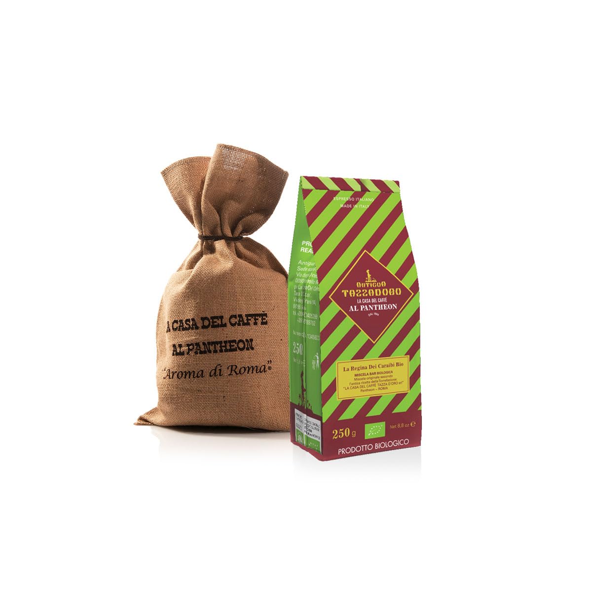 La Regina Dei Caribbean Organic, Tazzadoro, Organic Coffee Beans, Medium Roast, jute bag, Italian espresso coffee, sweet but intense flavour, 100% Arabica, Pack of 2 x 250 g