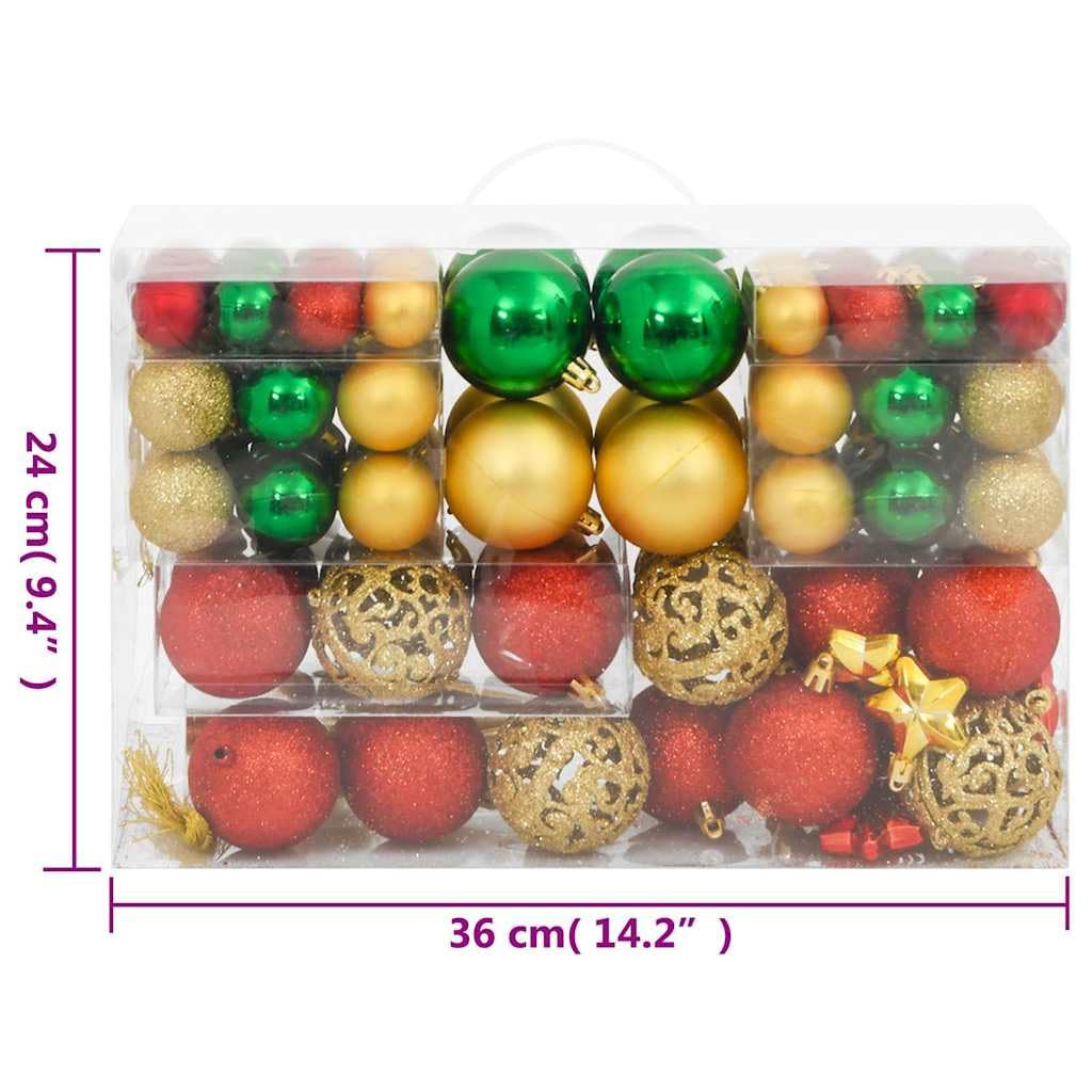 Juego de 112 bolas de Navidad de poliestireno, color rojo, verde y dorado, con 3 tamaños y diseños mate brillante, incluye punta de árbol de Navidad y colgante para árbol de Navidad y
