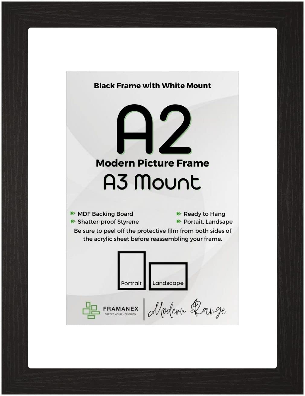 FRAMANEX BLACK Large A2 Picture Poster Frame Size 16.5 X 23.4 inch, 42 X 59.4cm, 420 X 594mm with White mount to fit image print size A3, 12 X 16 inches, 30 X 42cm, 300 X 420mm [BLACK A2/A3 Frame]