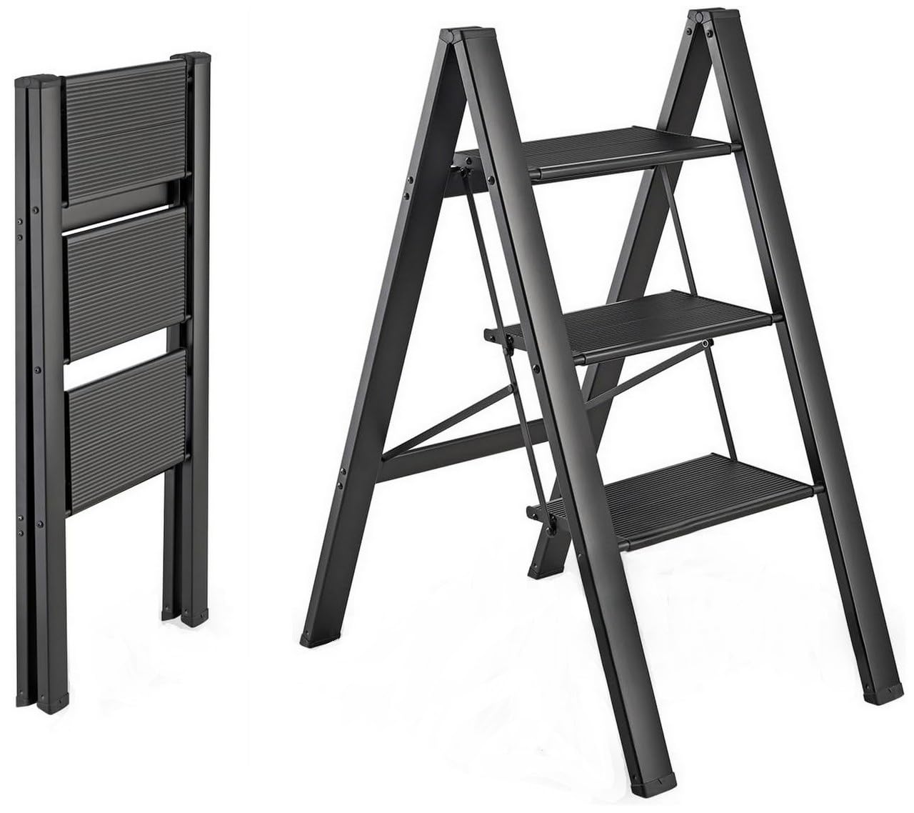 Folding Step Ladder with Anti-Slip Pedal- Aukomer® Upgraded Foldable Home Ladder with Load Up to 260KG, Multipurpose Lightweight Portable Folding Step Stool for Home Office Library (3 Steps)