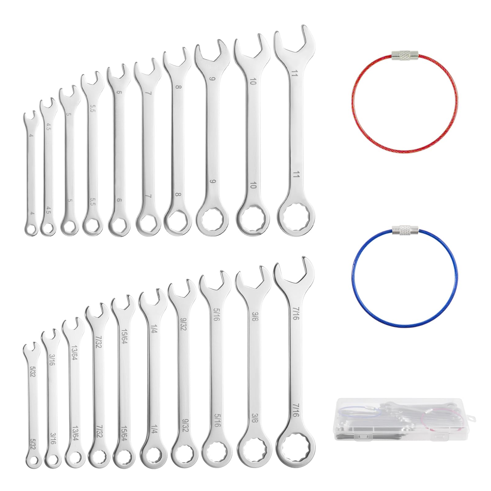 20 szt. ultracienkich metrycznych mini kluczy płasko-oczkowych SAE – 4 mm-11 mm i 5/81.3 cm-7/40.6 cm ze stali nierdzewnej z 2 szt. gumowanych stalowych zamków kablowych i etui do
