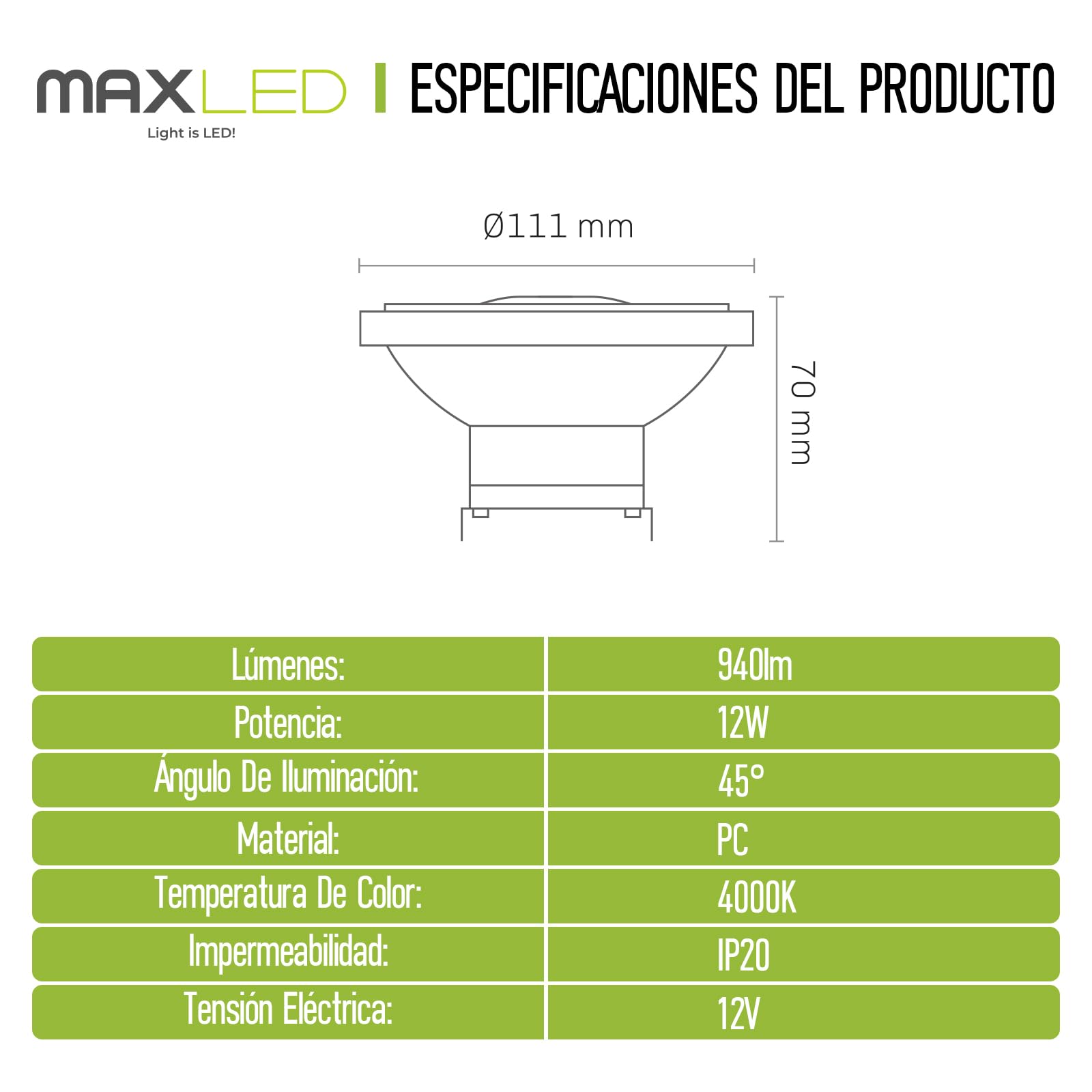 5 Unidades Foco LED AR111 G53 12W Equivalente a 75W Lámpara Halógena 940LM Blanco Neutra 4000K Ángulo de haz 45° Bombillas LED para Restaurante Cantina Salón No Regulable