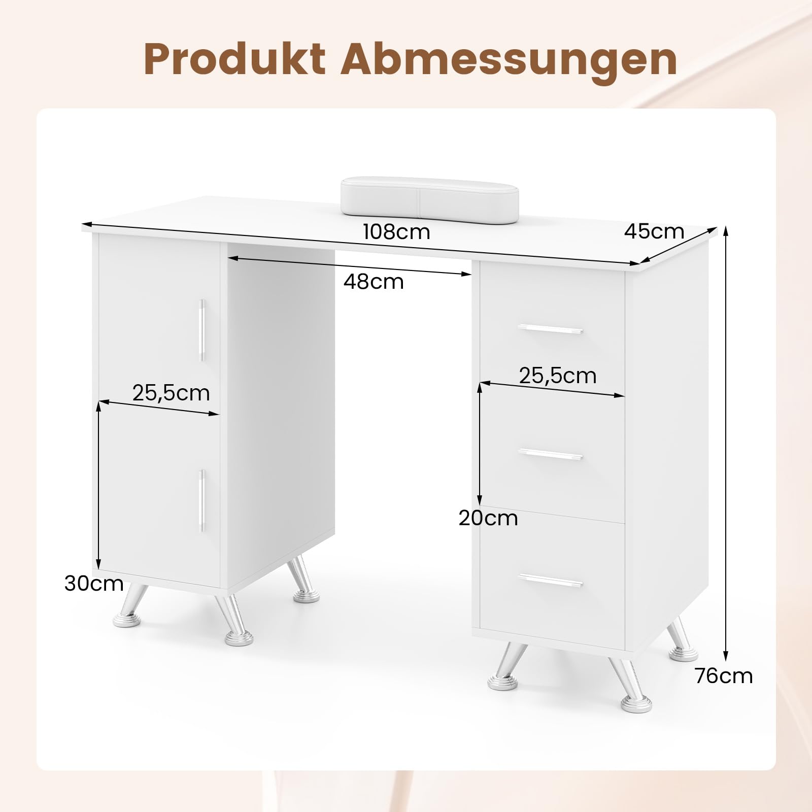 COSTWAY Maniküretisch mit Schubladen, Schränken & Handballenauflage, Nageltisch mit acetonbeständiger Tischplatte, Maniküre Tisch (Weiß)